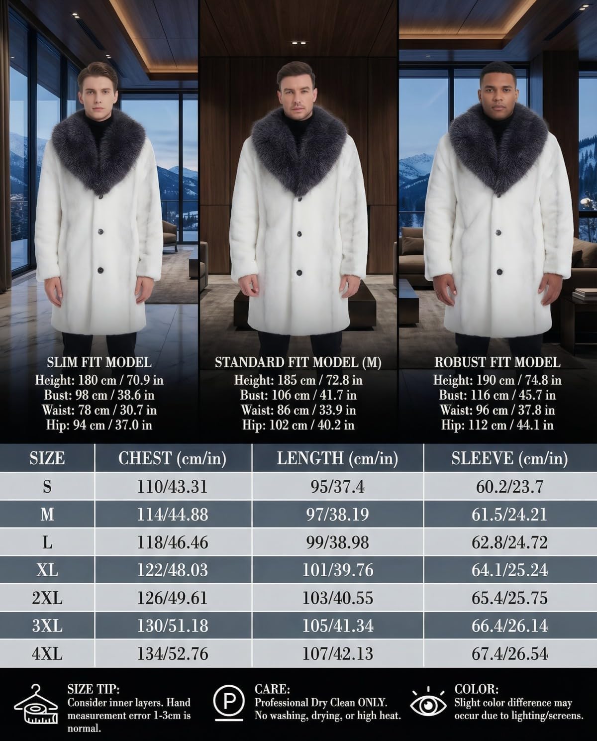 Long Faux Fur Coat Outwear Black Winter Parka Overcoat for Men