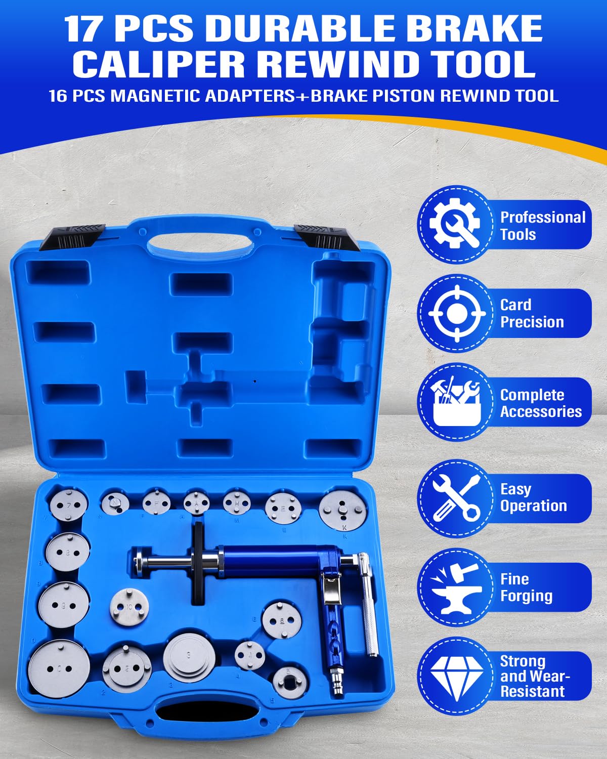 BOOMSTART 17-TLG. Pneumatischer Bremskolbenrücksteller Satz - Universal Druckluft Bremskolben Rücksteller Werkzeug für L/R Drehrichtung mit 16 Adaptern - für PKW Bremswartung