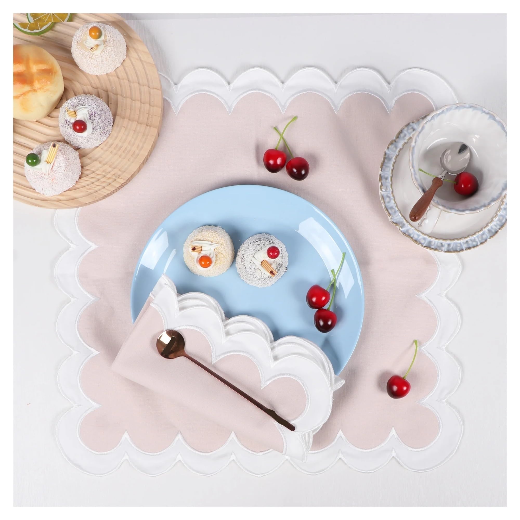 Servilletas de Tela Servilletas de algodón Grueso Reutilizables con Borde Ondulado y Doble Bordado, 1 o 4 Unidades, for Bodas, Fiestas decoración Mesa navideña(4PCS Pink Blue)