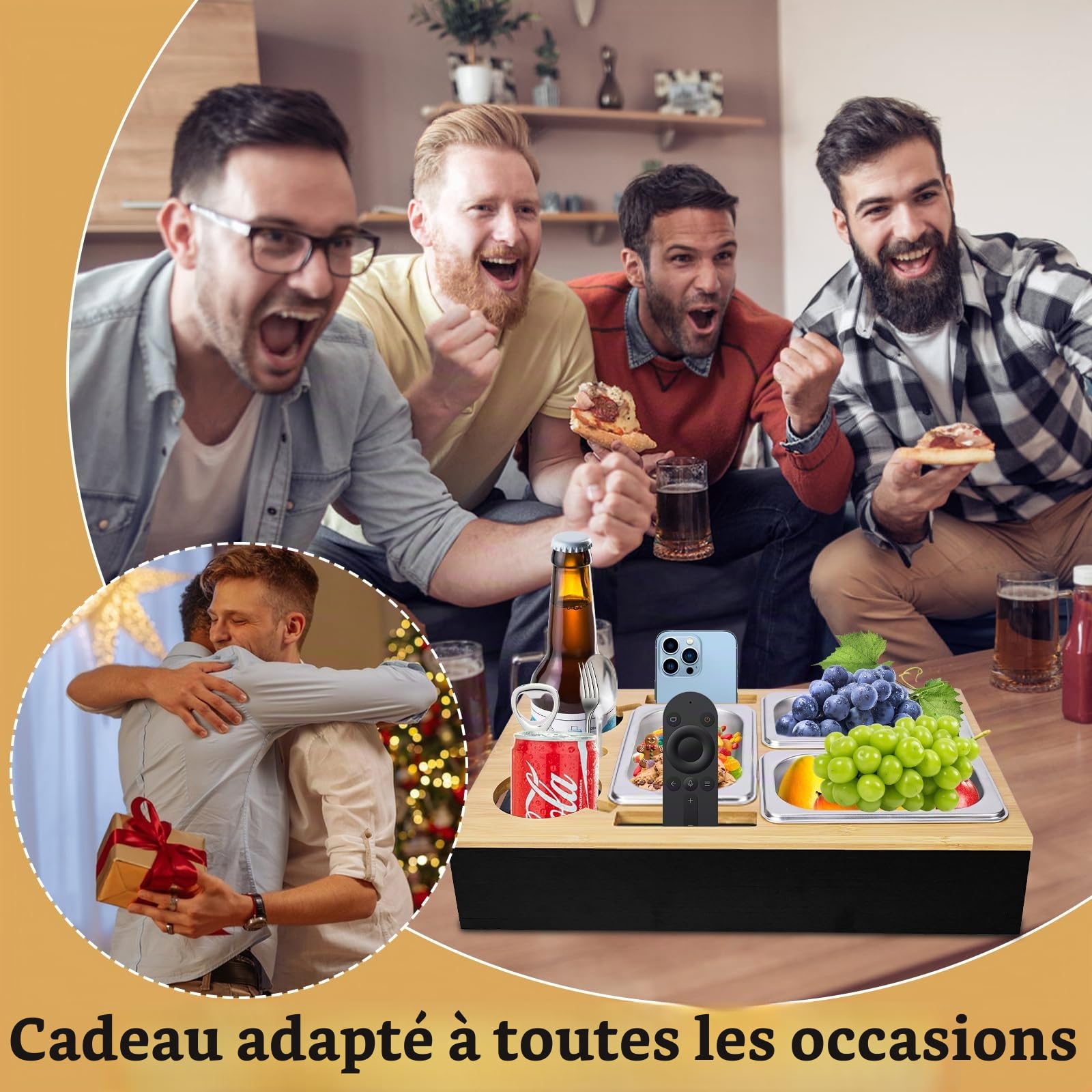Plateau Canapé De Collation,Cadeau Homme,Plateau De Canapé Pratique avec Bols à Collation,avec Couvercle Amovible, Bol à Collation et Porte-Verre à Vin, Bar avec Porte-Gobelets, BoîTe à GoûTer