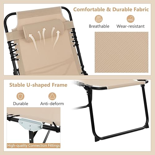 Miniatura 7 de Giantex Sillas de Salón de Patio para Exteriores - Juego de 2 Sillas Plegables de Bronceado con Reposacabezas, 4 Posiciones Ajustables, Bolsillo