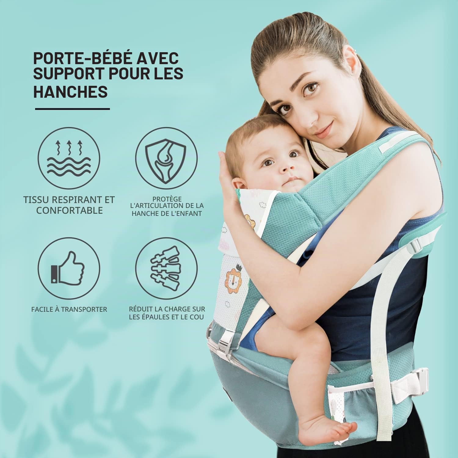 Porte Bébé,Siège de Hanche Multifonction pour Porte Bebe de 3 à 36 mois, 6 en 1 Façons de Transporter,Taille Réglable,Pour Nouveaux Nés Et Bébés de 3 à 20 kg