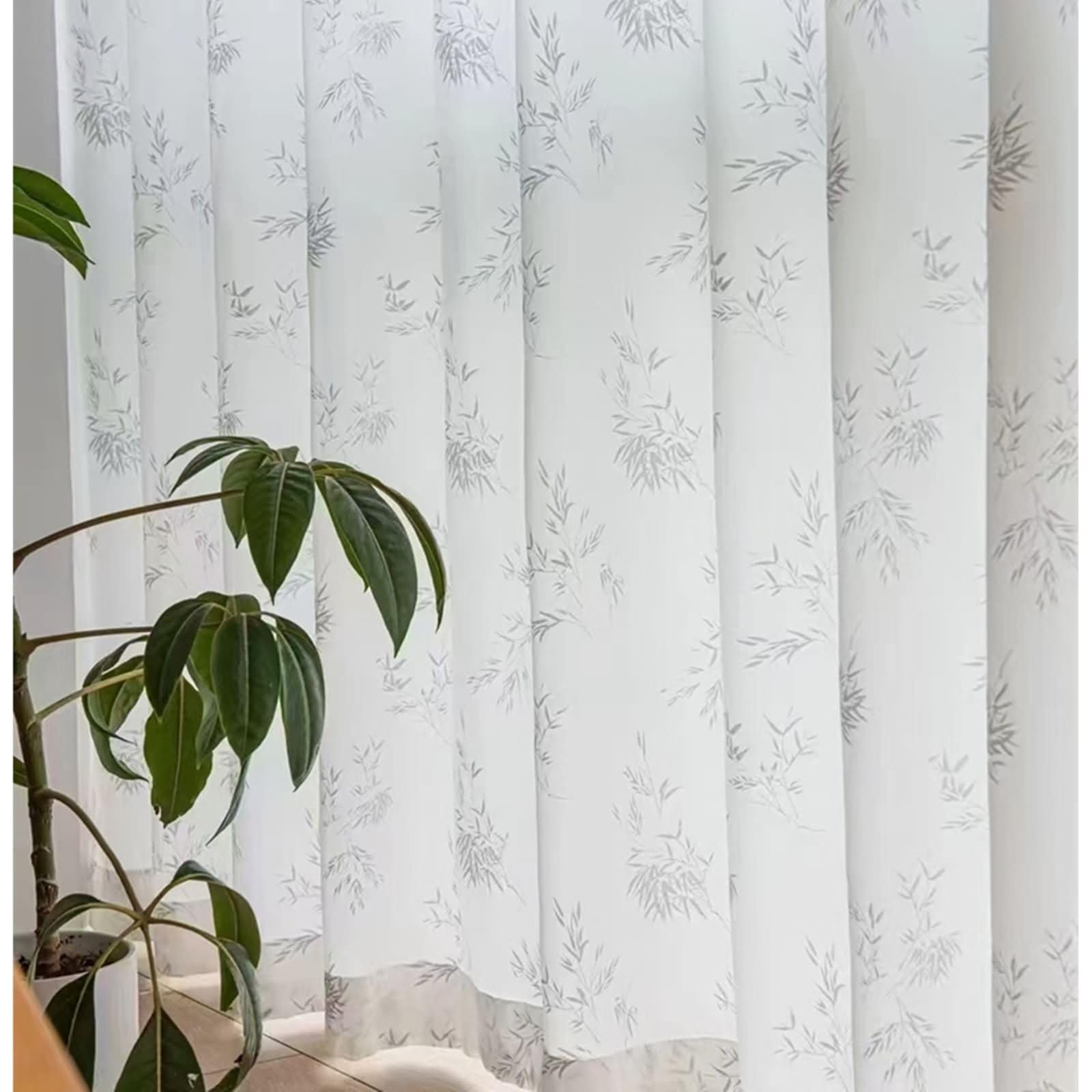 Zestaw 2 zasłon okiennych, przezroczysty poliester z haczykami, wzór liści, żakardowy, jednokolorowy, do sypialni, salonu, okna, biały, 137 l x 160 cm