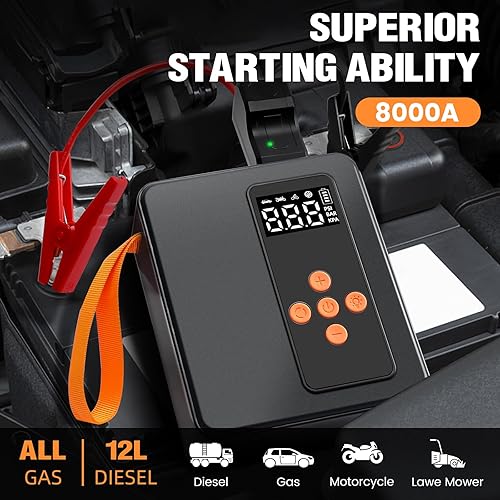 Miniatura 2 de Kalyoosen Arrancador de salto con compresor de aire, batería de coche de 8000A 160PSI 32000mAh 12V, inflador de neumáticos (todo gasolina16L