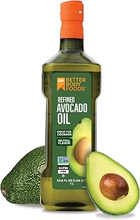 BetterBody Foods Refined Avocado Oil, Non-GMO Keto Paleo Cooking Oil, Mild Flavor High Smoke Point, 1 Liter 33.8oz