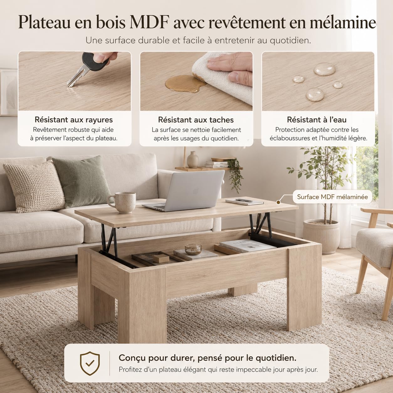 Table Basse relevable Bois Clair. 100 x 45 x 50 cm. Table de Salon avec Compartiment Moderne. Table Basse avec Plateau relevable