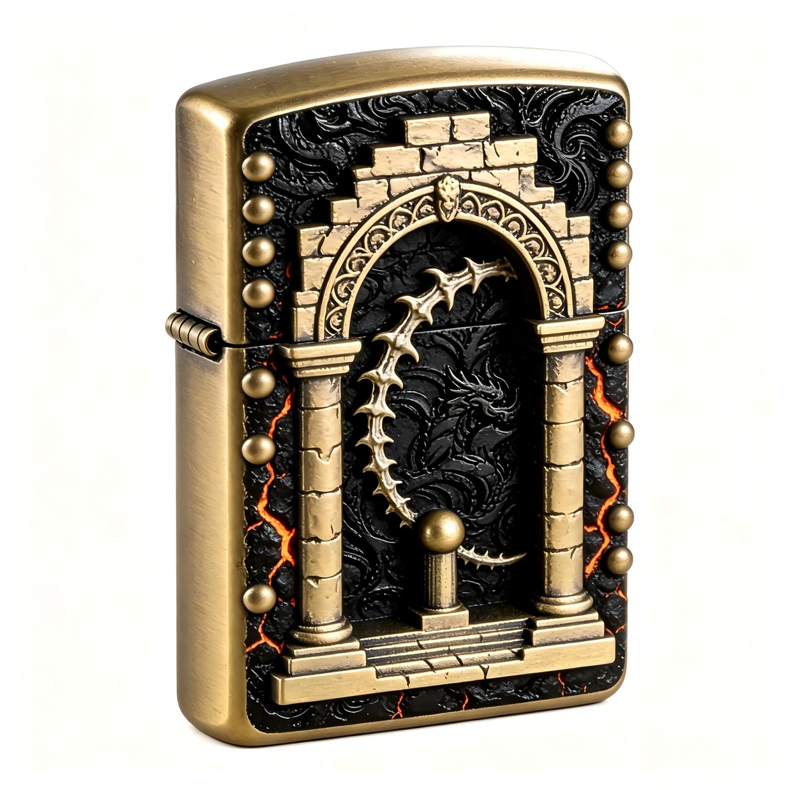 Vintage Dragon Gate Carved Kerosene Lighter Open Flame Reusable Flip Top Oil Lighter for Husband Boyfriend (A)