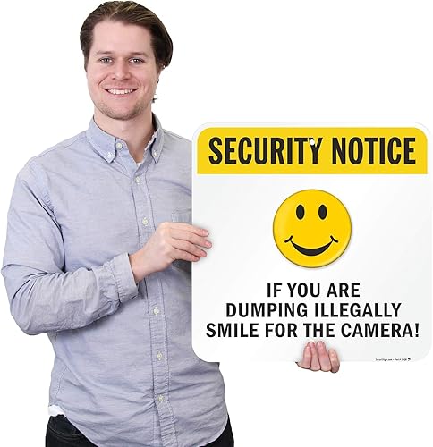 Miniatura 2 de Letrero con texto en inglés "If You Are Dumping Ilegally, Smile For The Camera" de SmartSign | Aluminio de 18 x 18 pulgadas