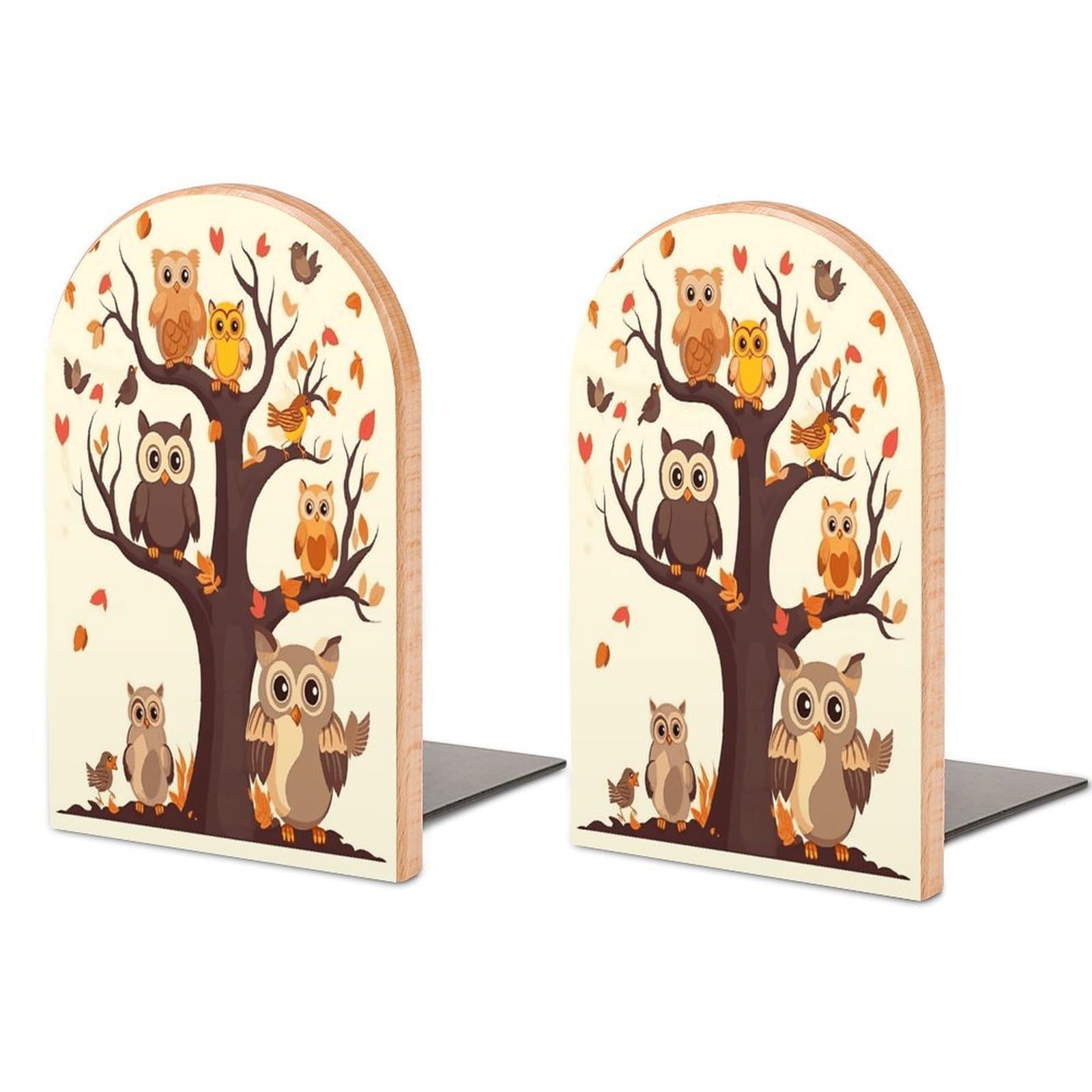 Cartoon Family Owls On The Brown Tree Bookend for Shelves Non-Skid Book Holder Modern Heavy Duty Bookend Stopper Metal Base Wood Book End Books Shelf Holder Home Decorative 1pair 5x3.9x3.1
