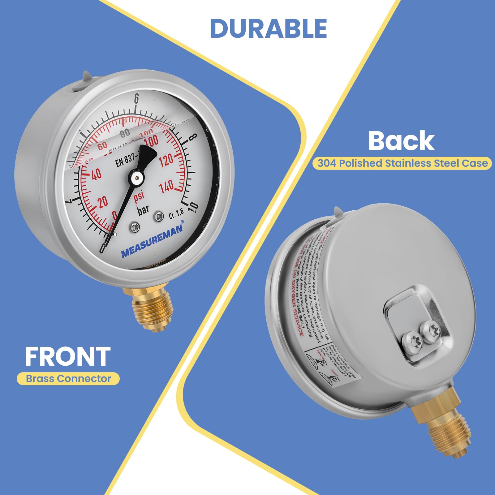 Manomètre, Manomètre Glycérine 2,5 pouces, 0-10 bar, boîtier en acier inoxydable 304, raccord inférieur 1/4" BSP