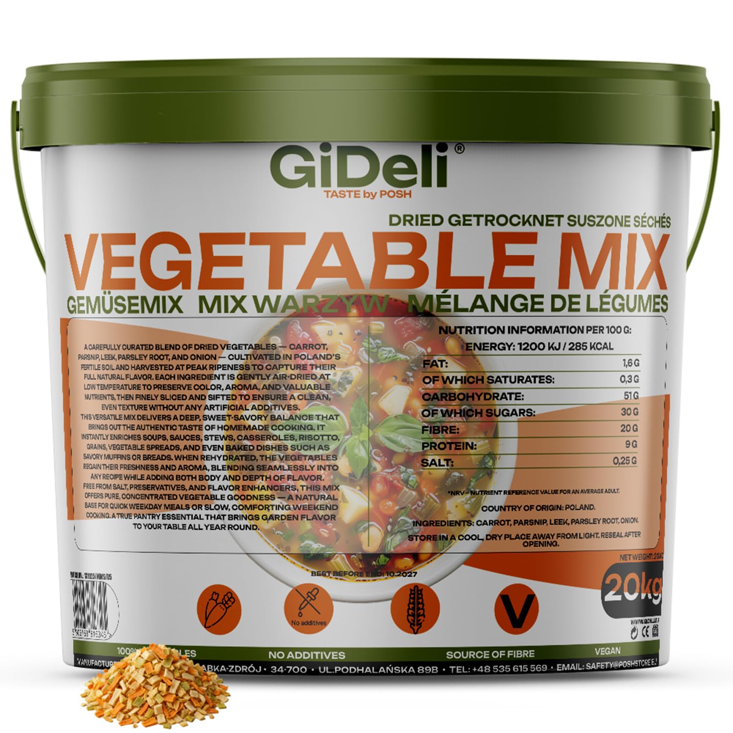 GiDeli Suppengewürz 20kg - Gemüsebrühe ohne Salz im Eimer - Trockengemüse ohne Zusatzstoffe, natürlich getrocknet – ideal für Suppen, Soßen & Eintöpfe