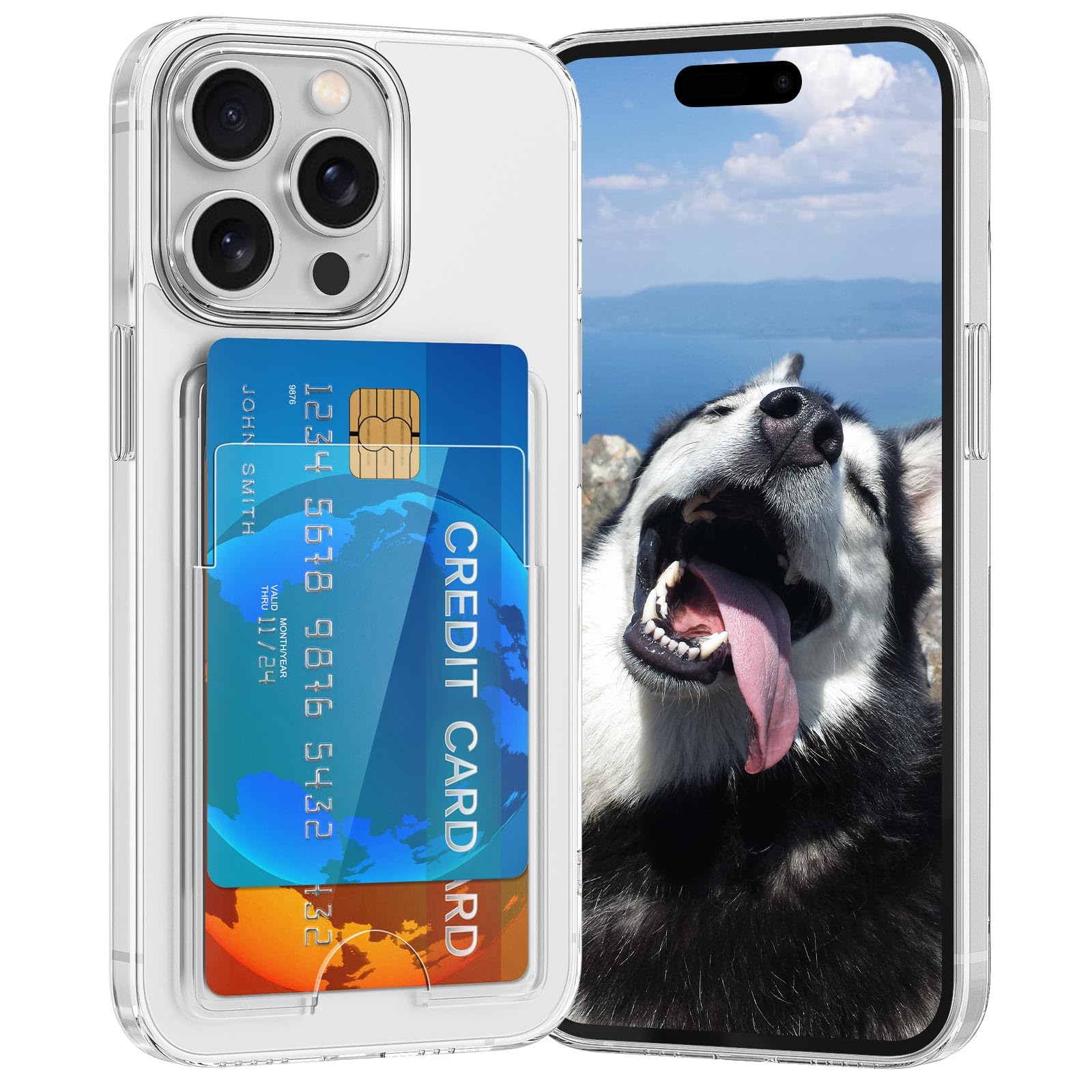 RIERBUBU Compatible with iPhone 15 Pro Max Case with Card Holder, Wallet Case Clear Hard Protective Cover Anti-Scratch Shockproof Phone Card Case for