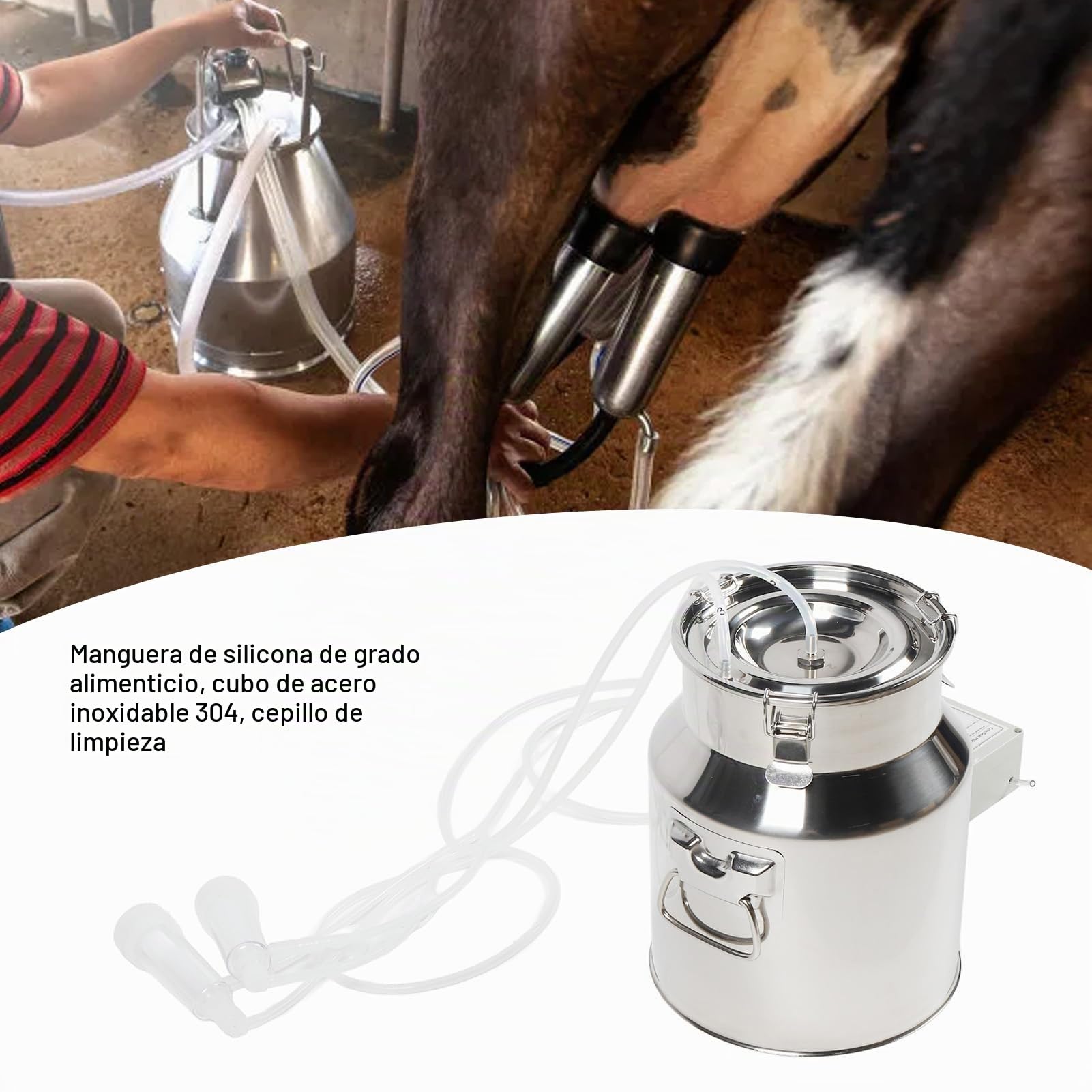 Ordeñadora de Cabras Eléctrica de 14 Litros, Ordeñadora para Vacas y Cabras, Bomba de Vacío Pulsante con Enchufe Portátil, Cubo de Acero Inoxidable 304 con Válvula de Retención