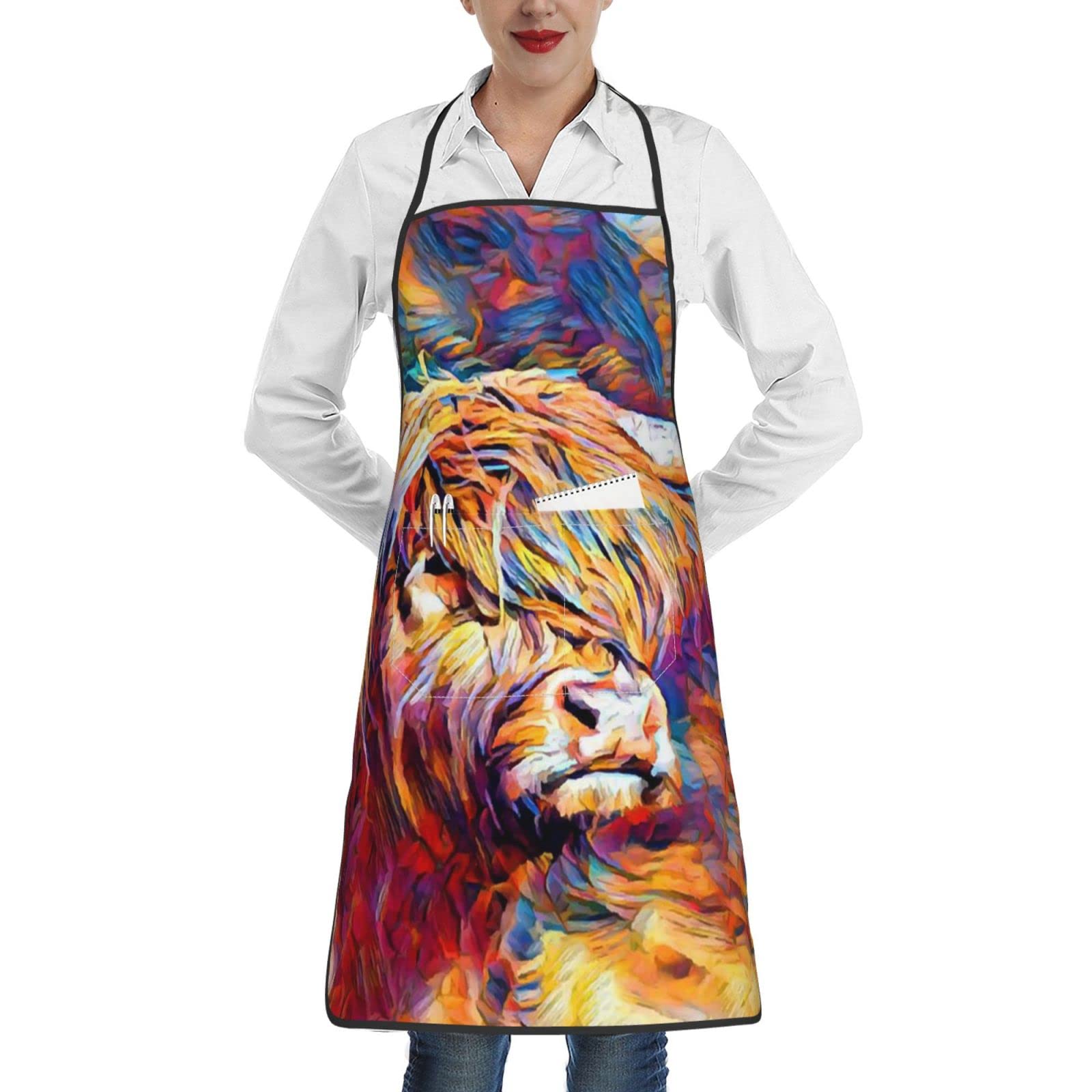 Highland Cow Bib Aprons For Women Men - Adjustable Unisex Chef Apron - Bbq Grill Cooking Apron With Pocket For Home Kitchen Restaurant