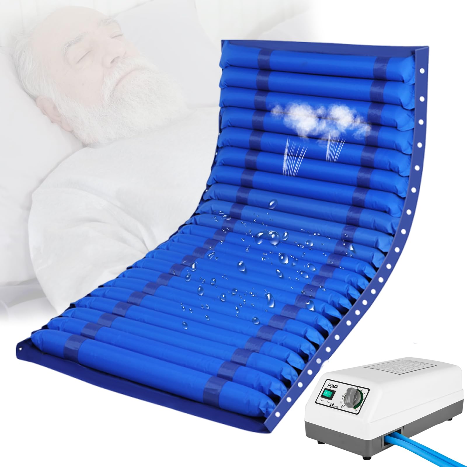Genérico Colchon Antiescaras 90x195cm, Colchón Antiescaras De Presión Alternante, Colchón Lactancia para Alivio Presión y Escaras, con Bomba Silenciosa - Poco Ruidoso 30db, Airbag Desmontable,Blue a