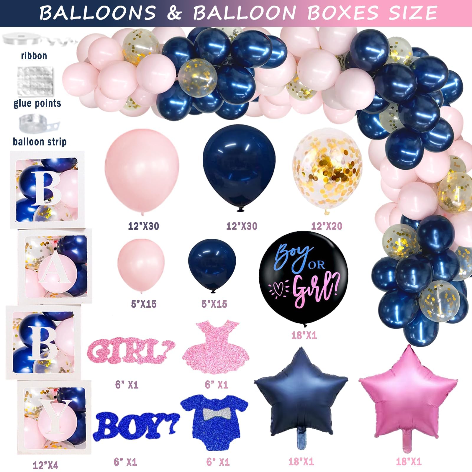 144 szt. granatowe i różowe dekoracje ujawniające płeć, Hombae chłopiec lub dziewczyna płeć ujawnienie dekoracje What Will Baby Be tło balon baner obrus ciasto babeczka topper pudełka wycięcie plakat