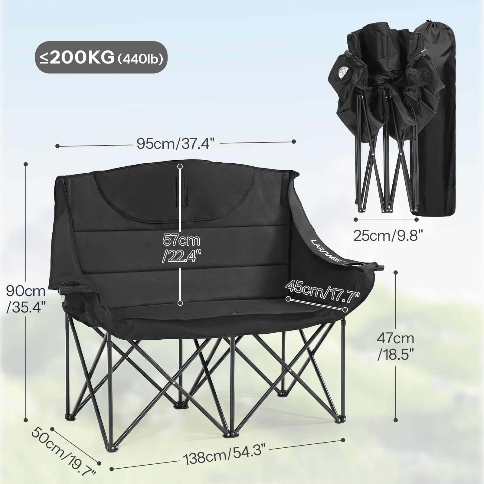 LARMNEE Divano da Campeggio Pieghevole XXL 2 Posti con 2 Portabicchieri, Sedia da Campeggio per 2 Persone Larga 50 cm, Poltrona da Esterno, Portata 200 kg, Seduta Imbottita, Nero EBK03LC02