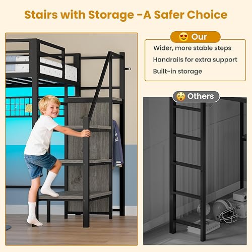 Miniatura 3 de ADORNEVE Cama tipo loft de tamaño individual con escaleras de almacenamiento, 8 cajones, cama alta de metal para niños con luces LED, toma de