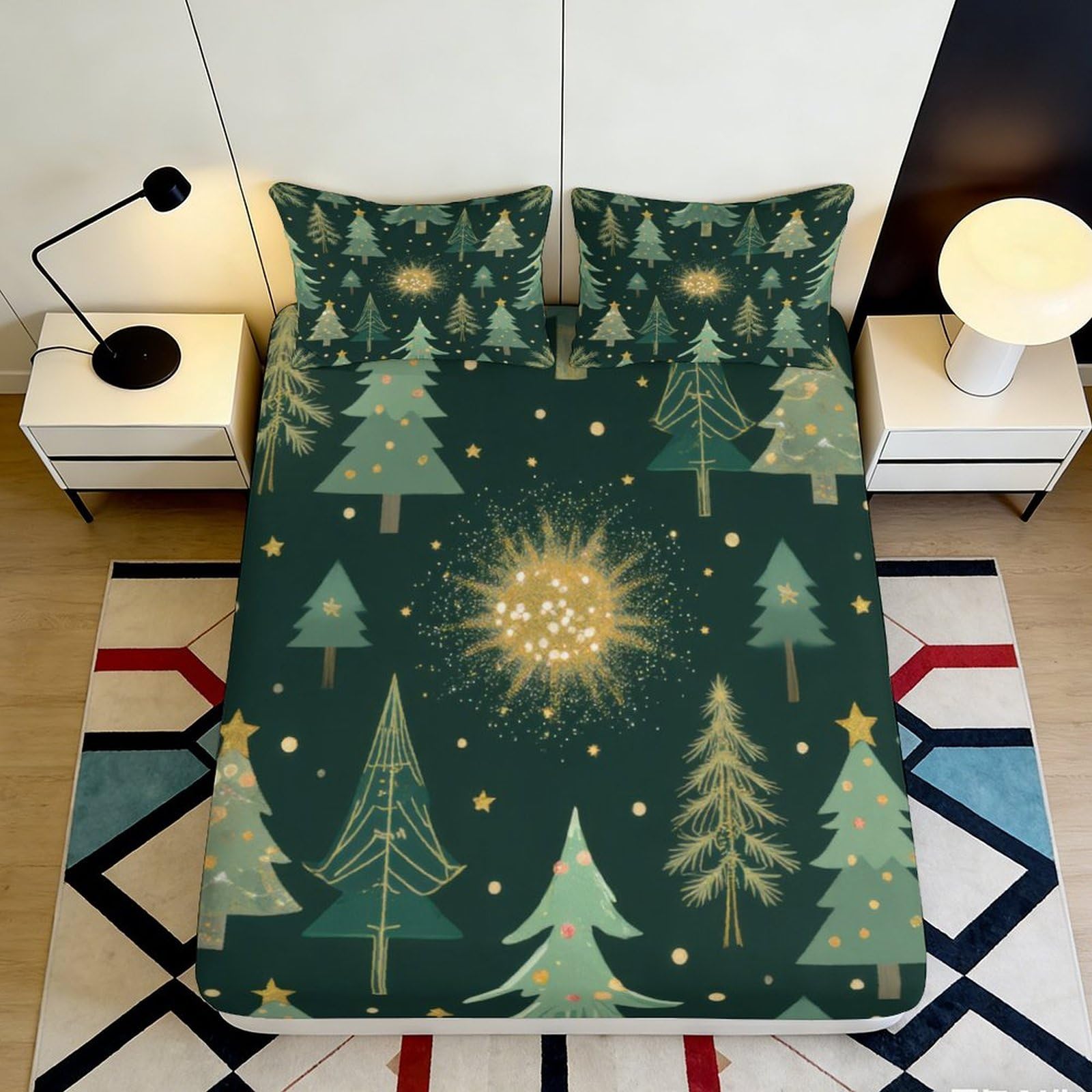 3D Printed Christmas Forest Fitted Sheet Microfiber Deep Pocket Elastic Hem Xmas Tree Mattress Fitted Cover Full Wrap Bedroom Bedding 90x200x25cm