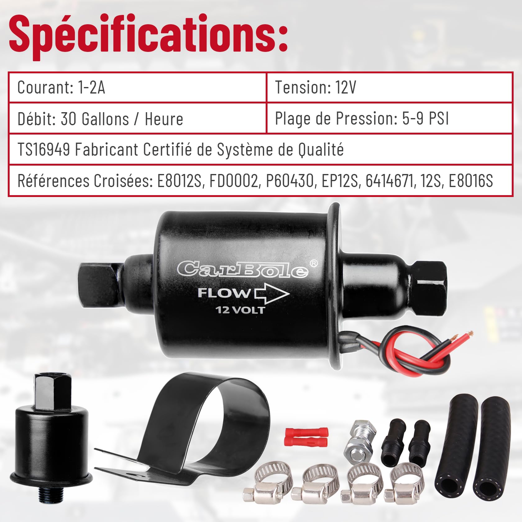 Carbole Pompe à Carburant Électrique Universelle 12V, 5-9 PSI | Pompe à Essence avec Filtre à Carburant, Pour Essence et Diesel, Cuivre Pur, Carte de Circuit Haut de Gamme, Noir