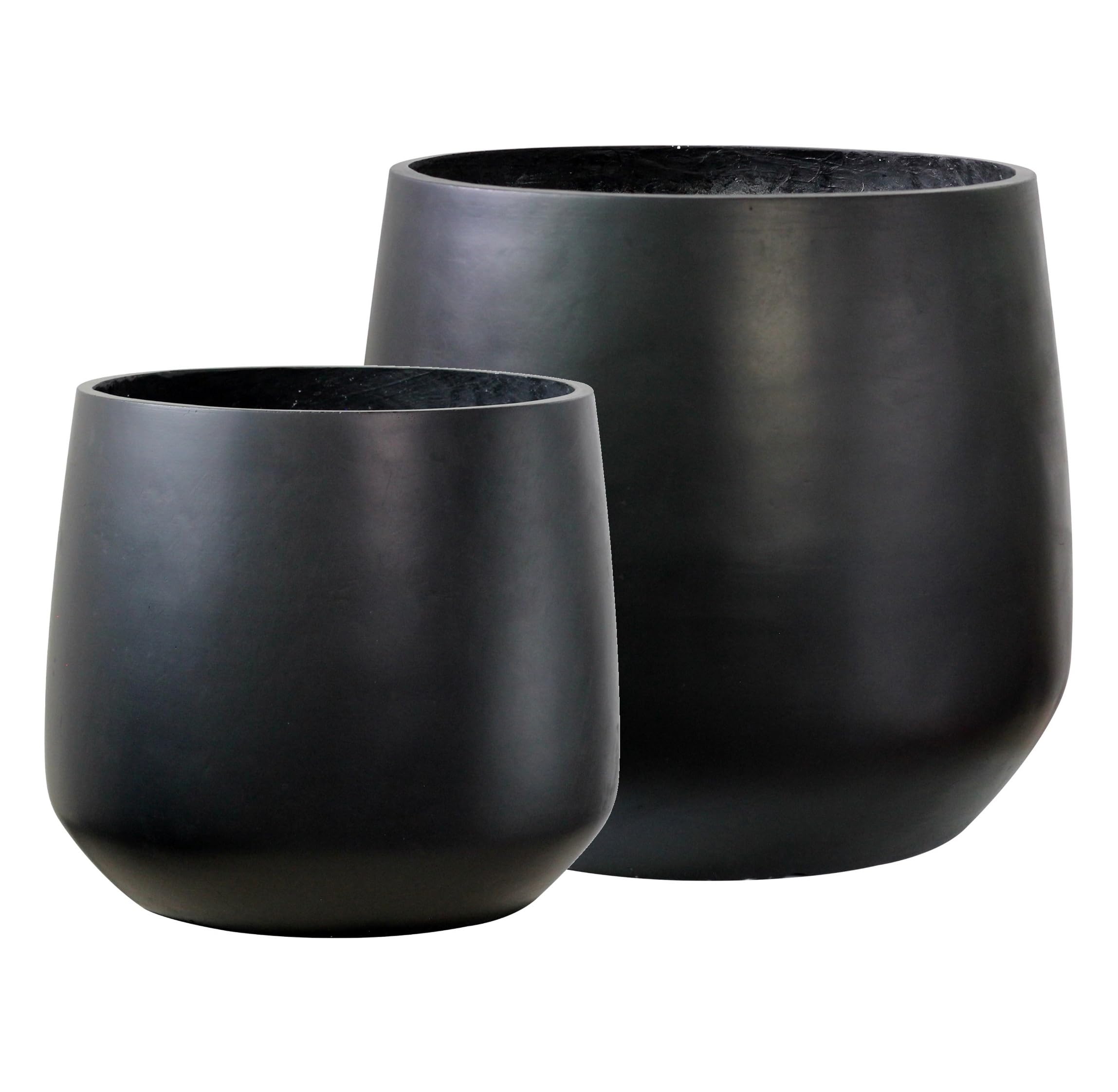 Olly & Rose Black Set Of 2 Extra Large Fibrestone Planters Curved - Indoor And Outdoor Plant Pots Xl - 55Cm And 43Cm Diameter