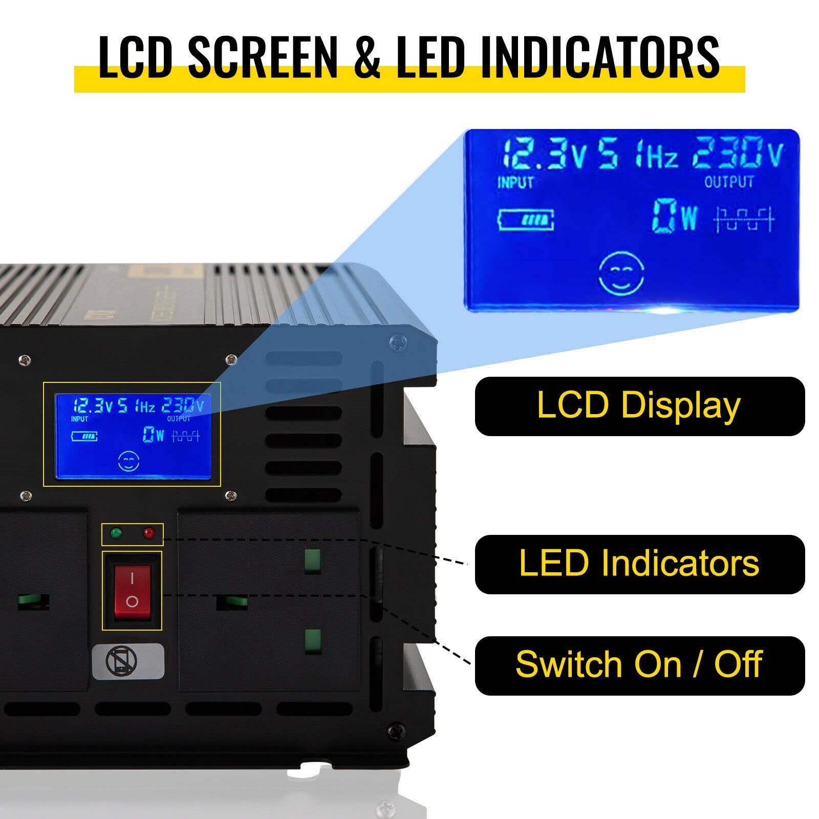 Zmodyfikowany falownik sinusoidalny Ekran LCD ze stopu aluminium i amp;Wskaźniki LED do zasilania(2000W DC12V AC240V)