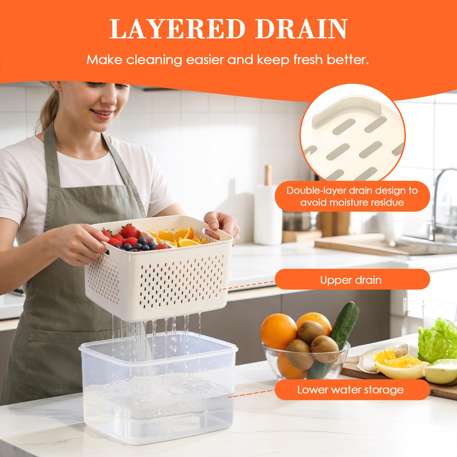 Organizer Frigorifero 6 Pezzi (7,2L/4,55L/3,3L/1,85L/0,85L/0,38L), Contenitori Frigo per Frutta/Verdura/Insalata, BPA Free, Adatto Microonde, Lavastoviglie e Congelatore