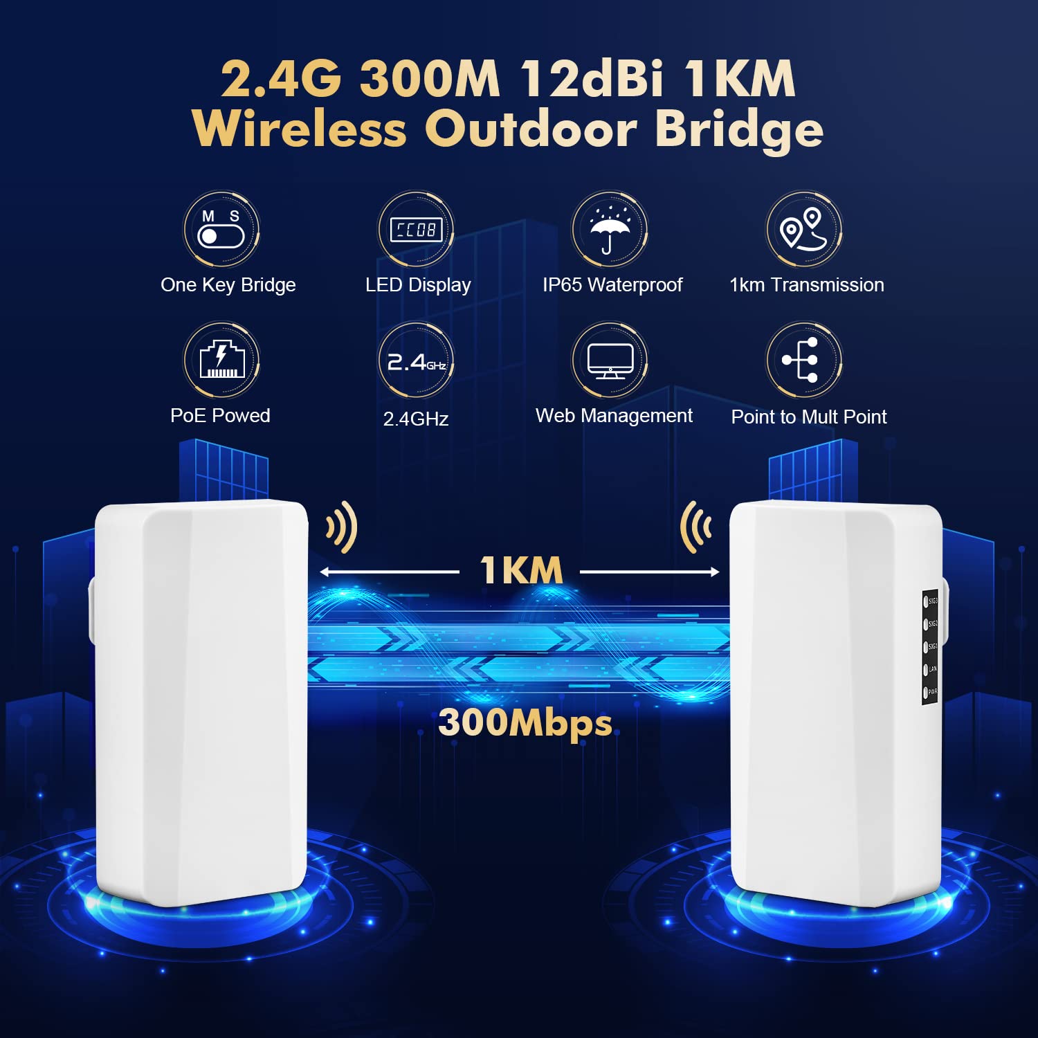 WiFi Bridge Puente inalámbrico para Exterior, Puente inalámbrico inalámbrico inalámbrico con conexión Ethernet de 2,4 GHz 500 m a 1 km de Distancia, 100 Mbps Adaptador PoE de 24 V