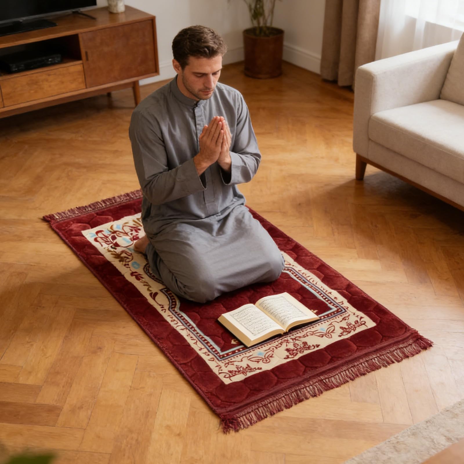 Tappeto da Preghiera Musulmano Rosso Imbottito Spesso,80x120cm | Tappeto da Preghiera in Flanella con Frange,Morbido Janamaz,Sajadah Islamico,Regalo Ramadan Eid Mubarak,per l'Eid,Ramadan
