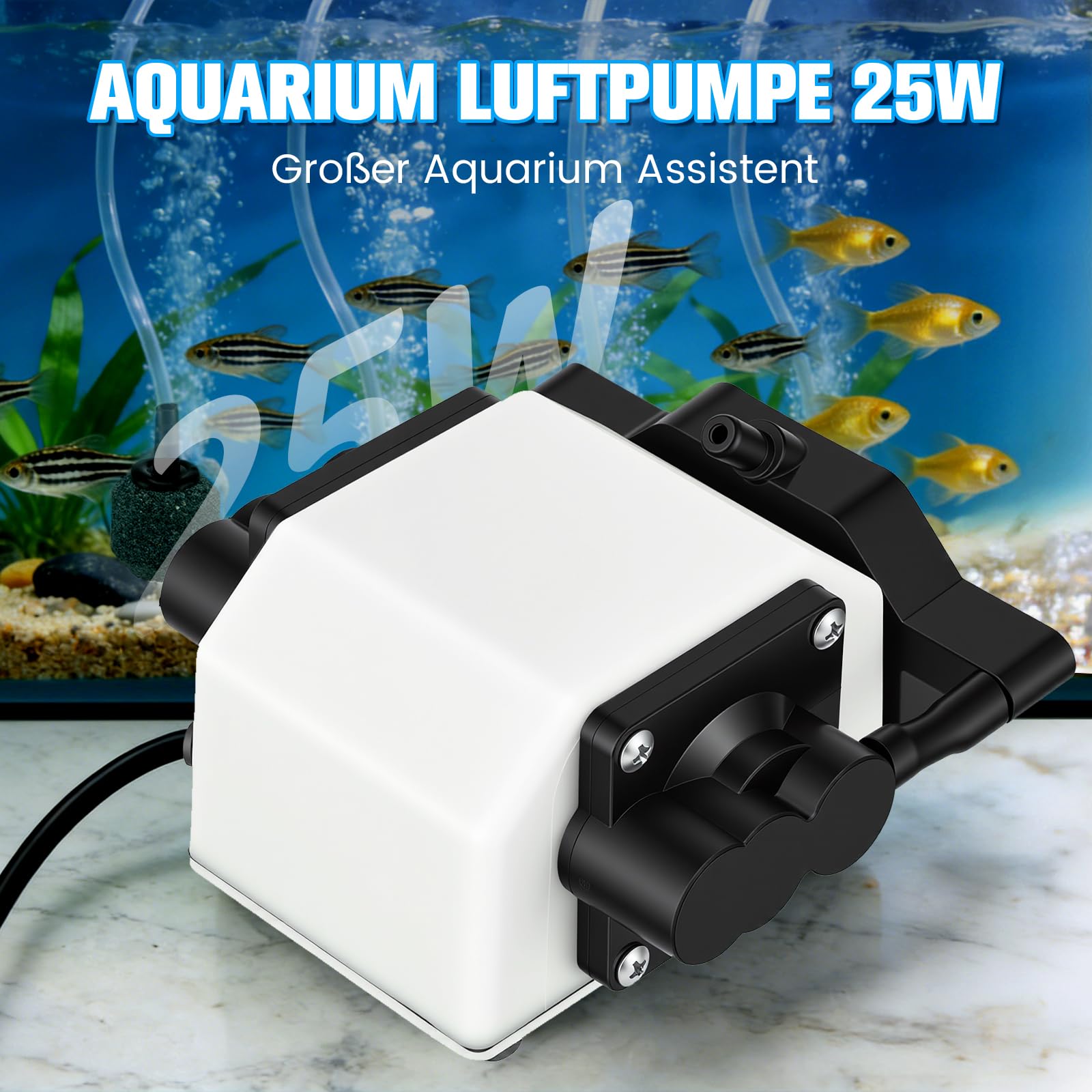 Pompa ad aria per acquario, 25 W, con 6 uscite, 3300 l/h, potenza massima per acquario, pompa ad aria regolabile, estremamente silenziosa, con unità magnetica per grandi acquari, laghetti da