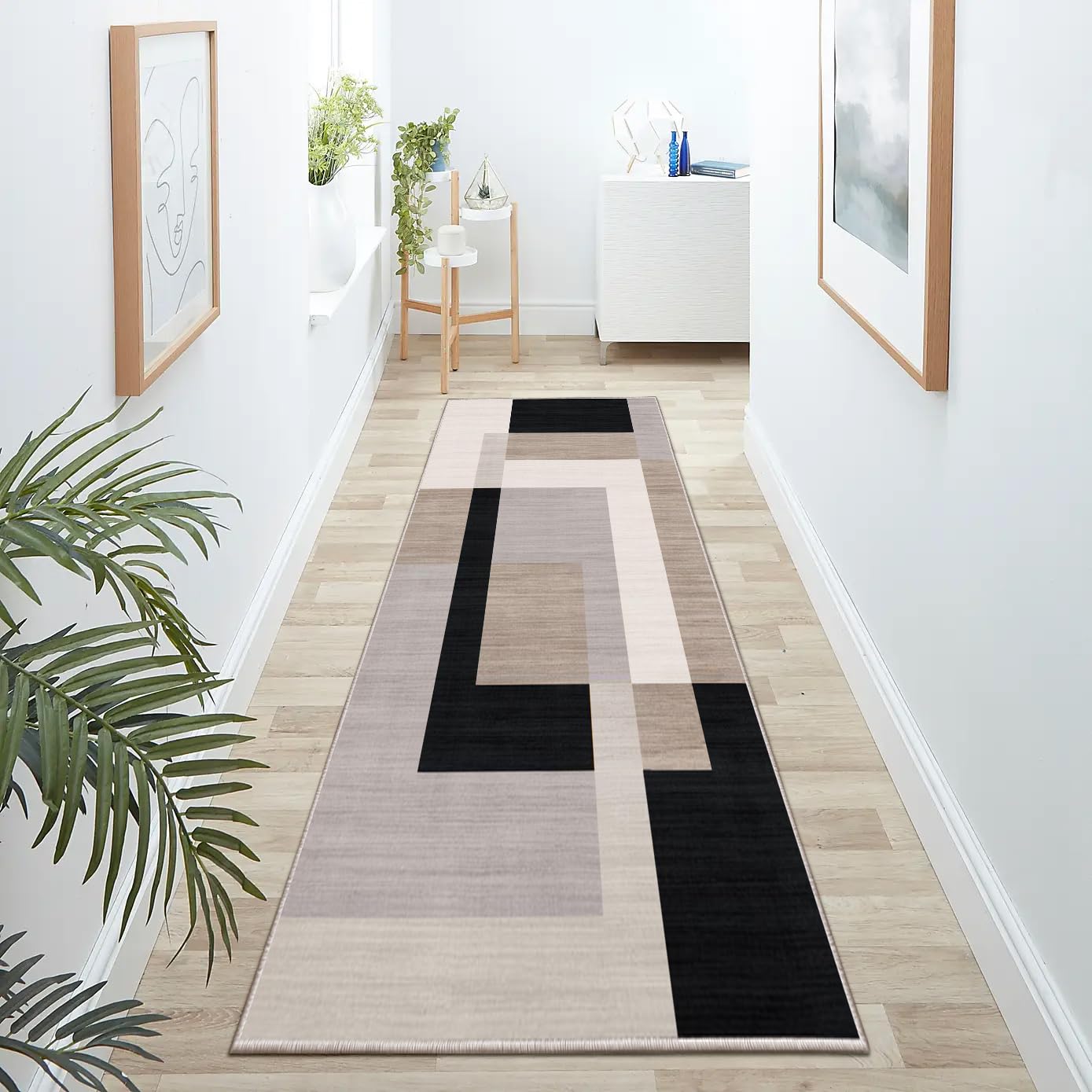 Hafaa Runner Rugs for Hallway Non-Slip Geometric Pattern Carpet for living room 60 x 220 cm – Printed Black and Silver Carpets Runner for Lounge Office Bedroom (Milo Neutral)