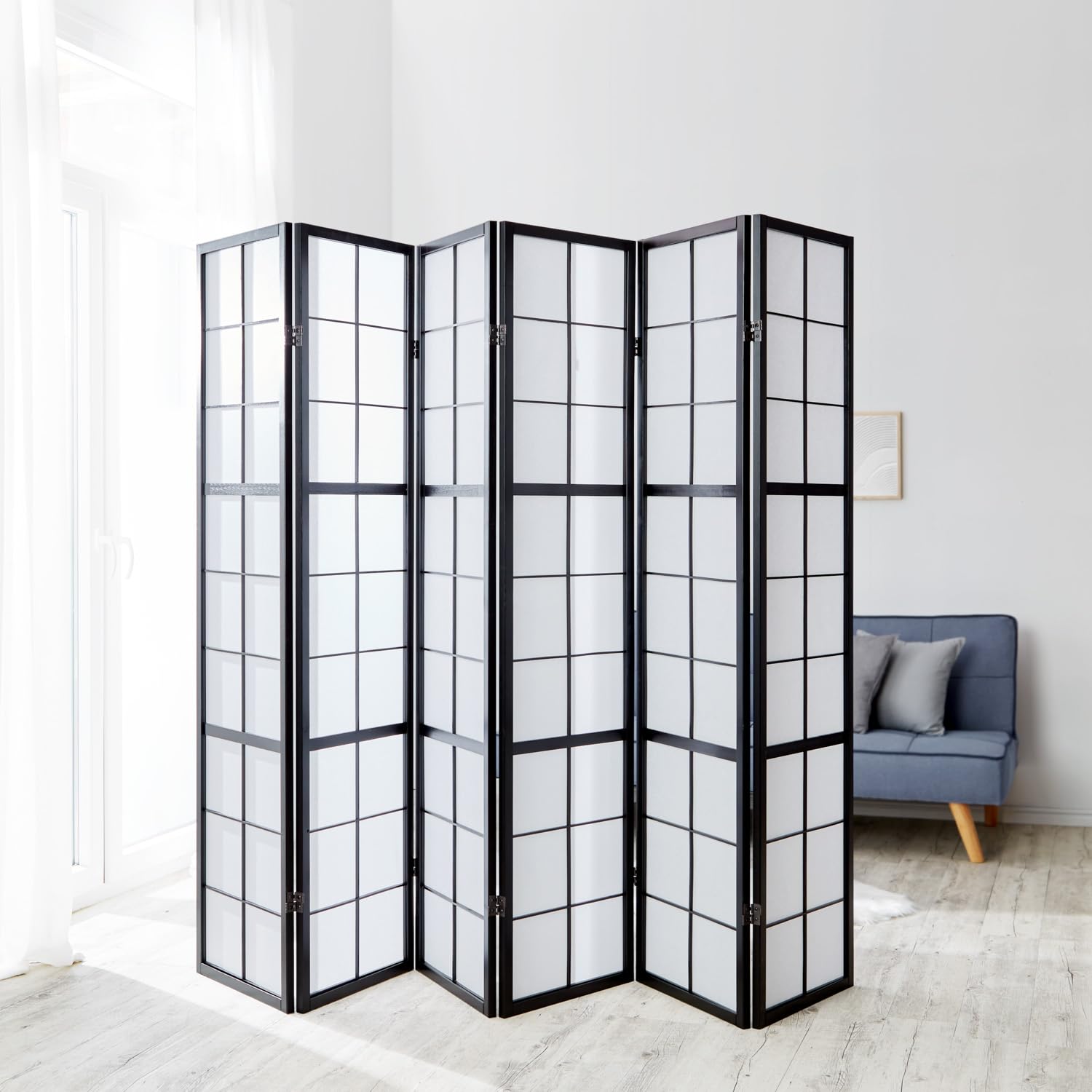 Homestyle4u 284, Paravent Raumteiler 6 teilig Innen Holz Schwarz Trennwand Reispapier Weiß Höhe 175 cm