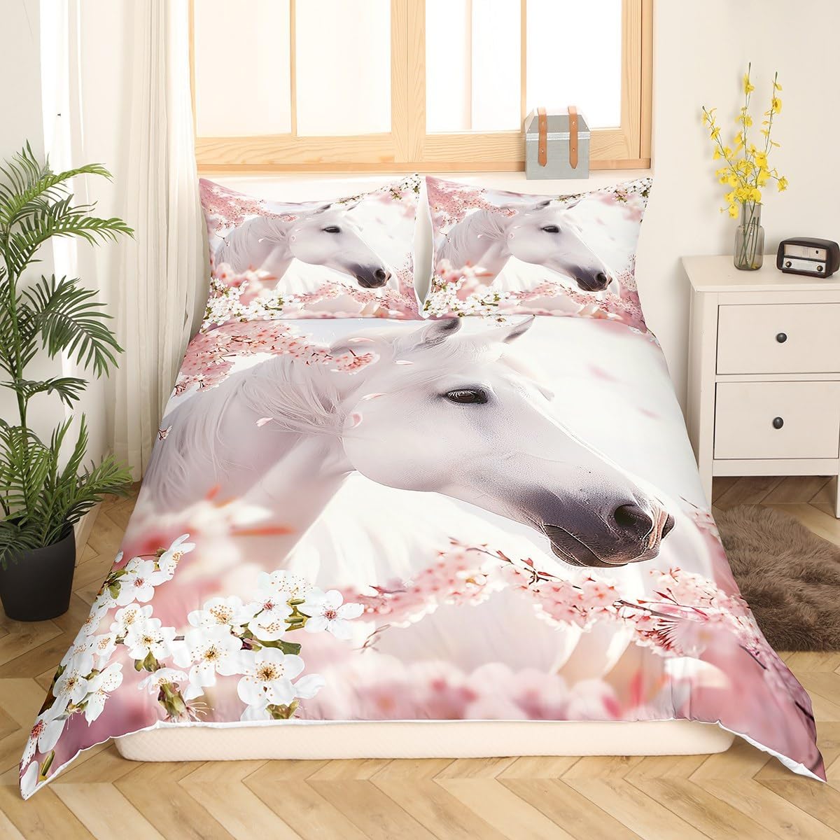 Feelyou Kids Horse Bedding Set Cherry Blossoms Duvet Cover Twin Size for Boys Girls Bedroom Decor Cute Animal Decor Comforter Cover Set Pink and White Bedspread Cover with 1 Pillow Case(No Comforter)
