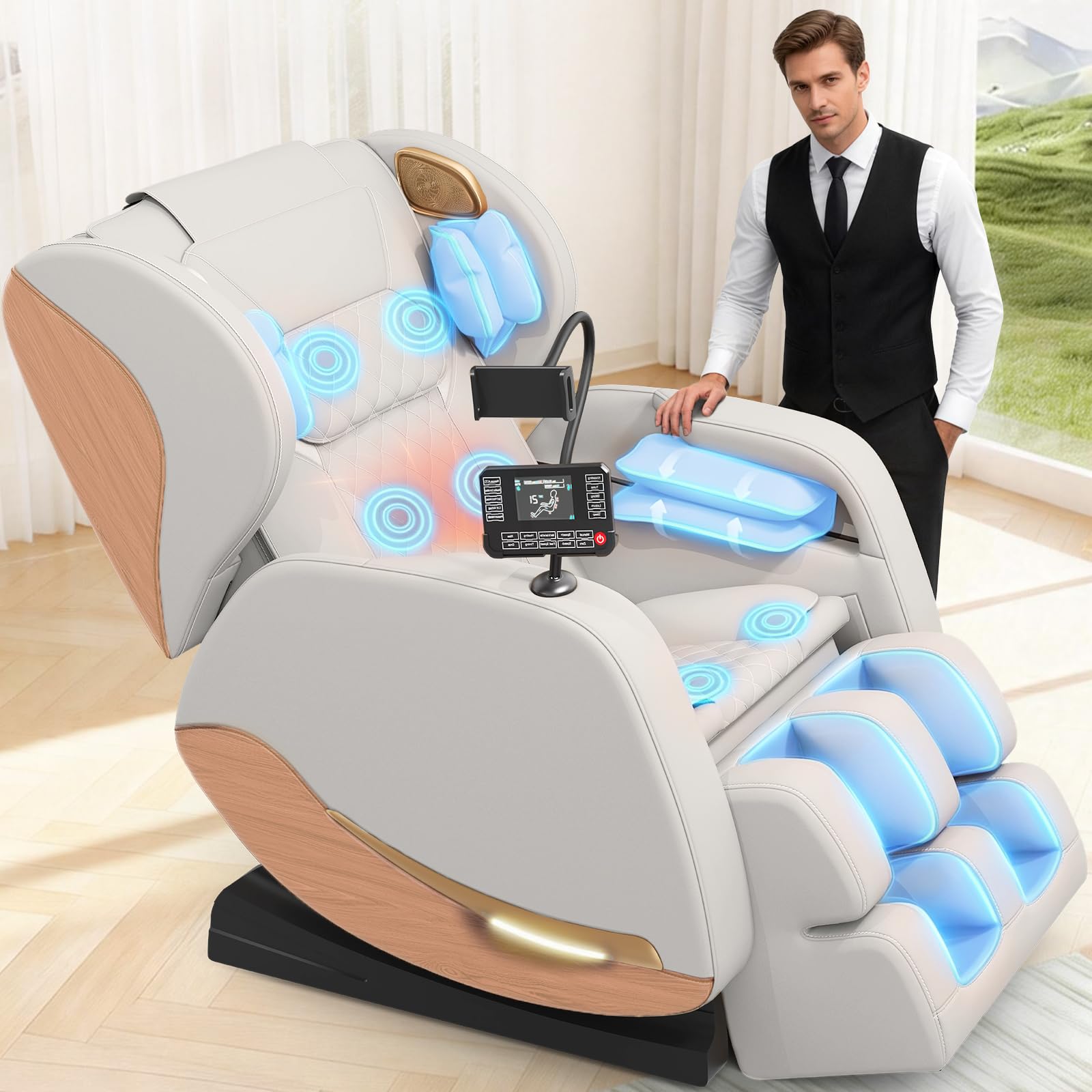 Ganzkörper Massagesessel mit Wärmefunktion,14 Ganzkörper-Massagerollen | 8 Airbags,Fußsohlenmassage, Schwerelosigkeit,Bluetooth-Lautsprecher,12 cm verstellbare Fußstütze,Touchscreen-Controller