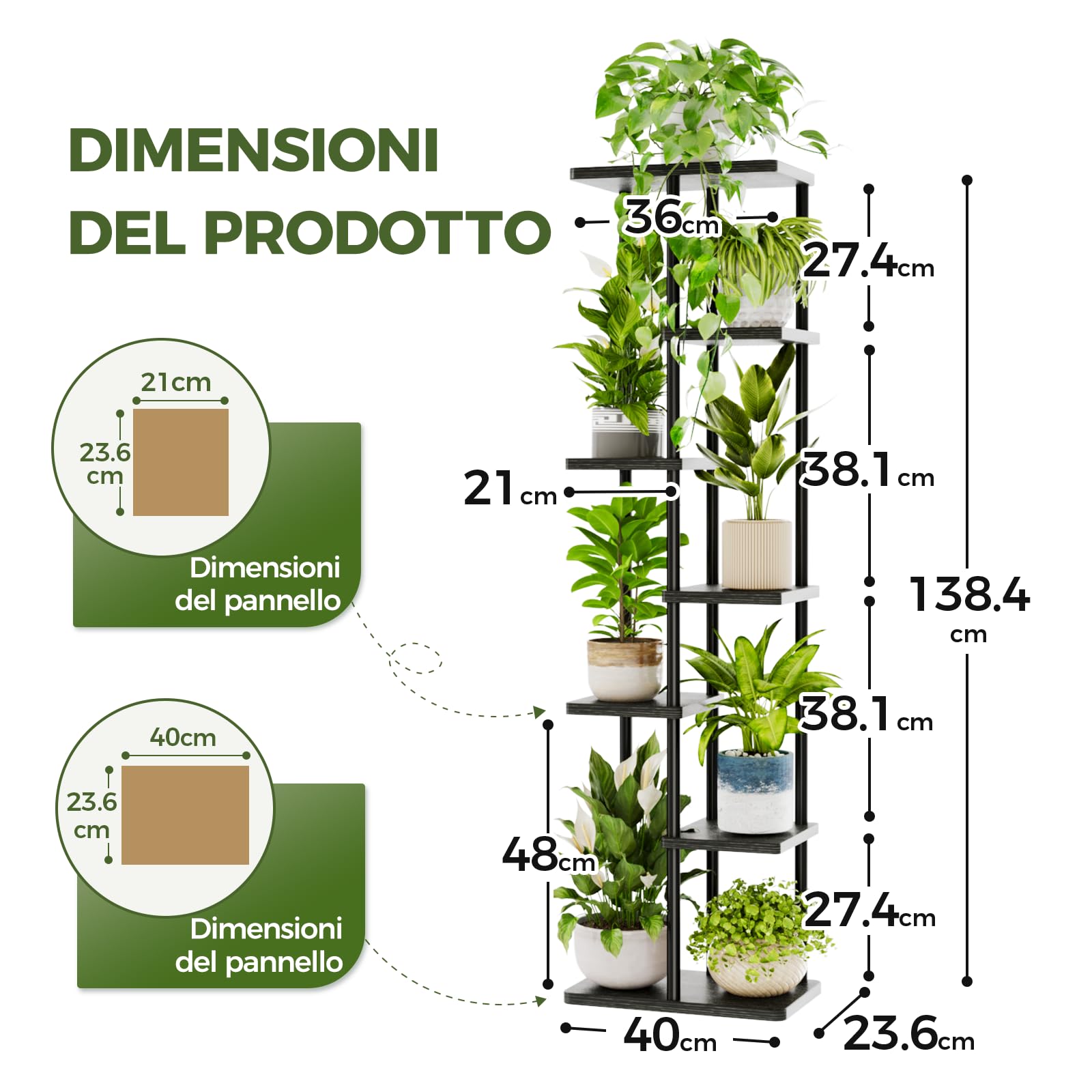 Bamworld Porta Piante da Interno ed Esterno per Balcone – Fioriera Verticale in Metallo e Legno con 7 Ripiani – Disponibile in Nero – Portavasi Decorativo – Scaffale Piante – Arredo Giardino