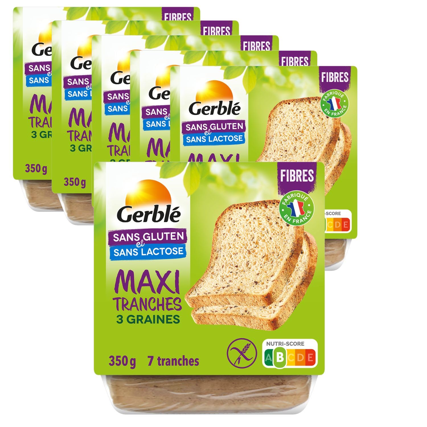 Gerblé Maxi Moelleux 3 graines Sans Gluten & Sans lactose, Lot de 6 Pains, Riche en fibres, Moelleux, 7 Tranches/Pain, 210218