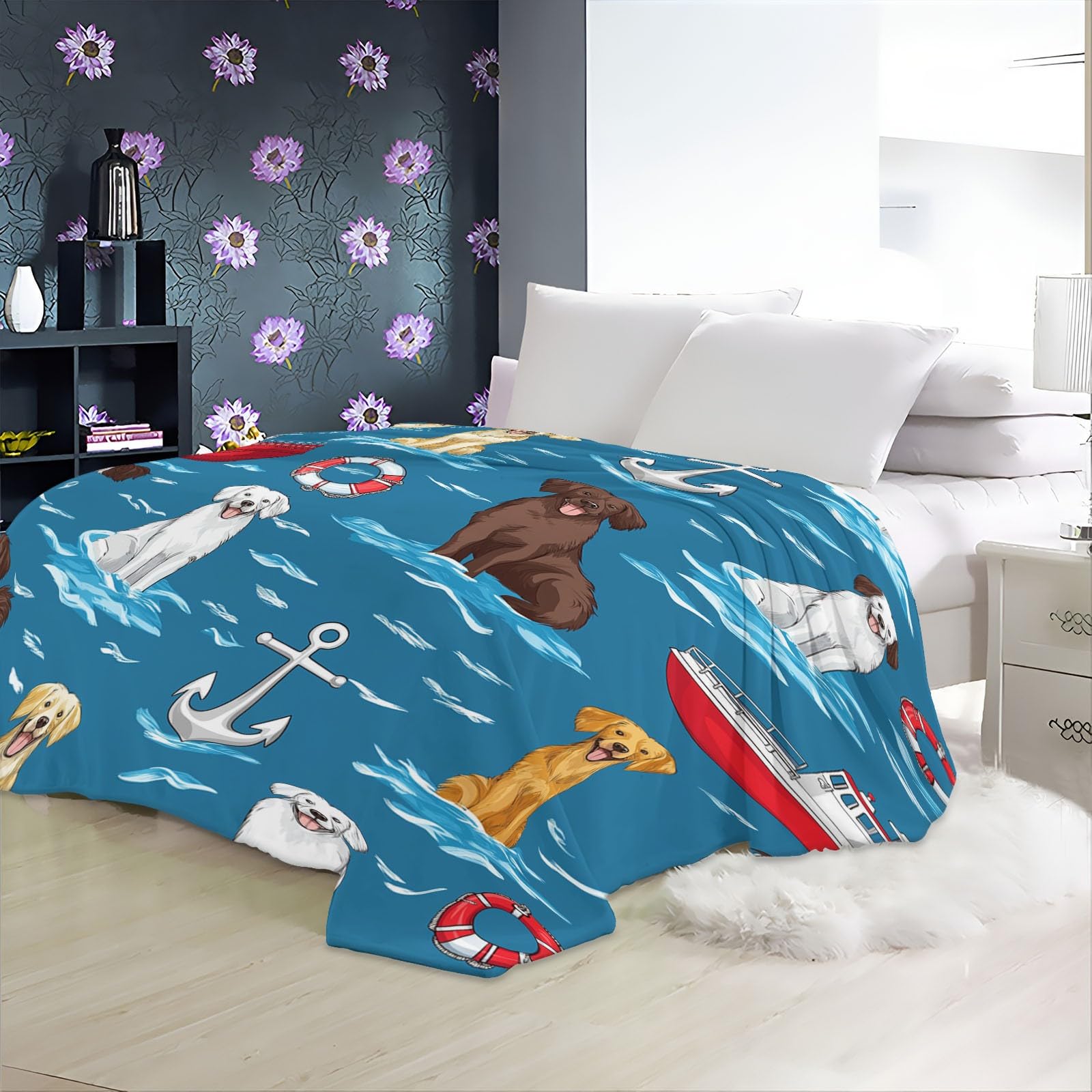 Kolorowy koc dla psa łodzi ratunkowej 180 x 200 cm, ciepły i lekki flanelowy koc na sofę, puszyste koce z nadrukiem dla dzieci nastolatków dorosłych