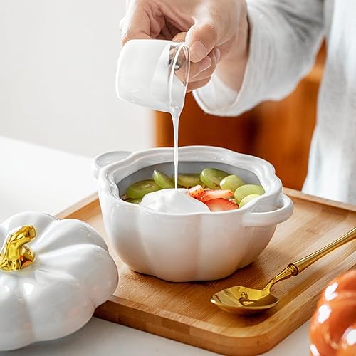 Miniatura 3 de Lindo cuenco, cuenco de cerámica de calabaza con tapa, apto para microondas y lavavajillas, postre o sopa con asa, vajilla decorativa para Acción de