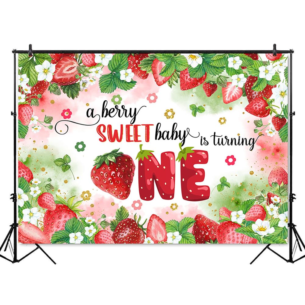 Mocsicka Strawberry Backdrop Berry Sweet First Birthday Party Background Fruits Kids One Birthday Party Decorations Photo Booth Props (Birthday, 7x5ft)
