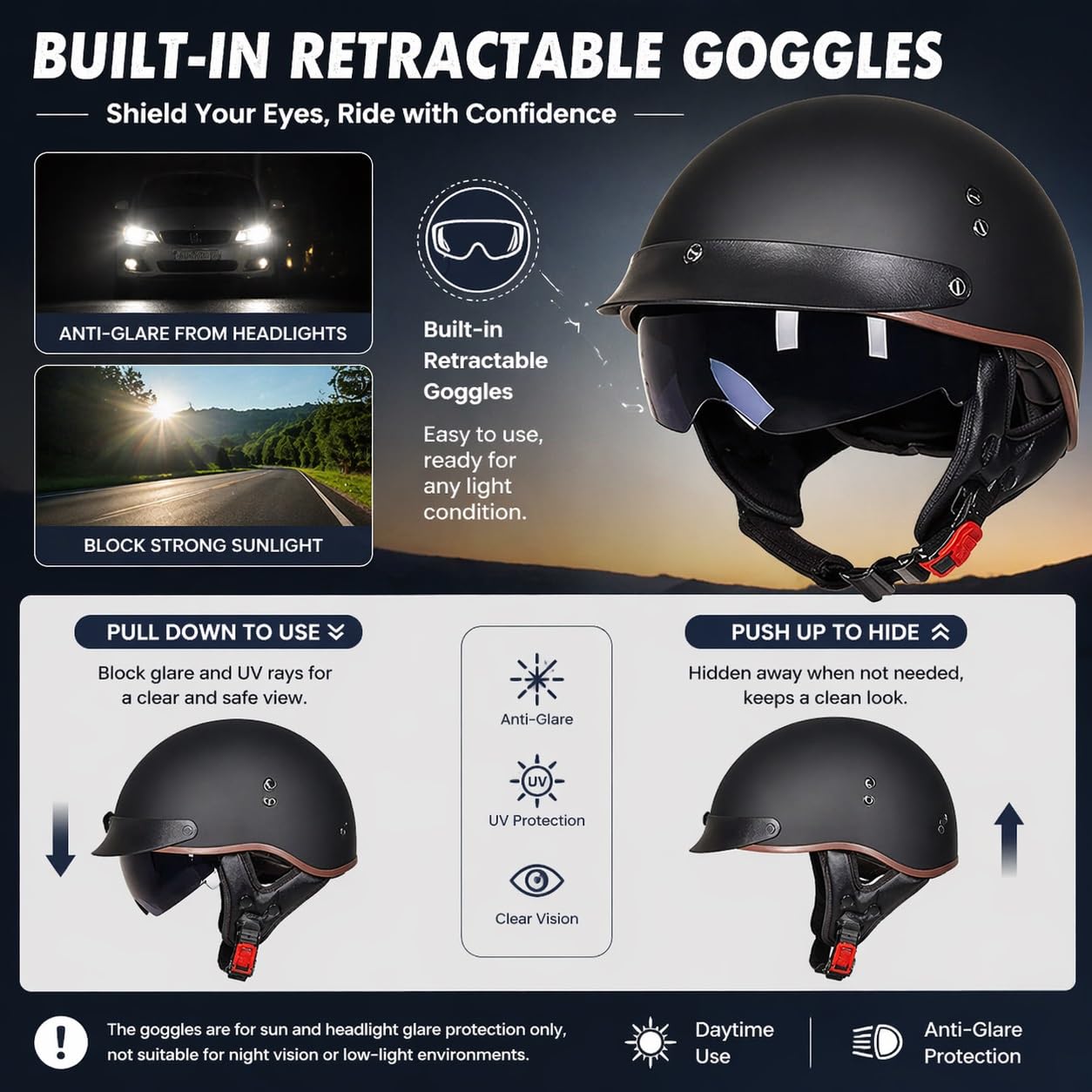 Caschi Cromwell Vintage Casco Aperto For Moto Retrò - Mezzo Casco Omologato ECE DOT Con Visiera Resistente Ai Raggi UV, Vestibilità Regolabile, Design Aerodinamico