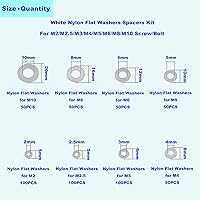 Vista 3 de Kit surtido de arandelas planas de nailon para tornillos M2 M2.5 M3 M4 M5 M6 M8 M10 (color blanco)