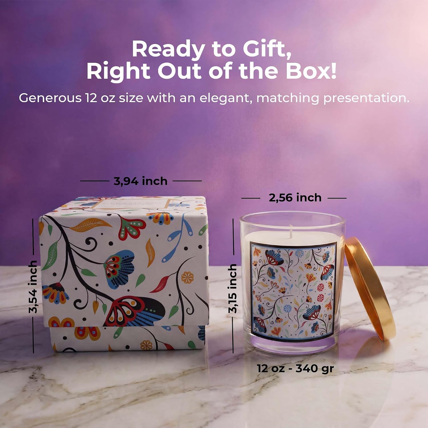 Floral Decorative Candle in Printed Gift Box with Ribbon, Natural BioWax Smokeless Candle with Gold Colored Lid, 40H Burn Time, Elegant Home Decor & Gift Idea for Women - Lavender Scented 12oz image 3