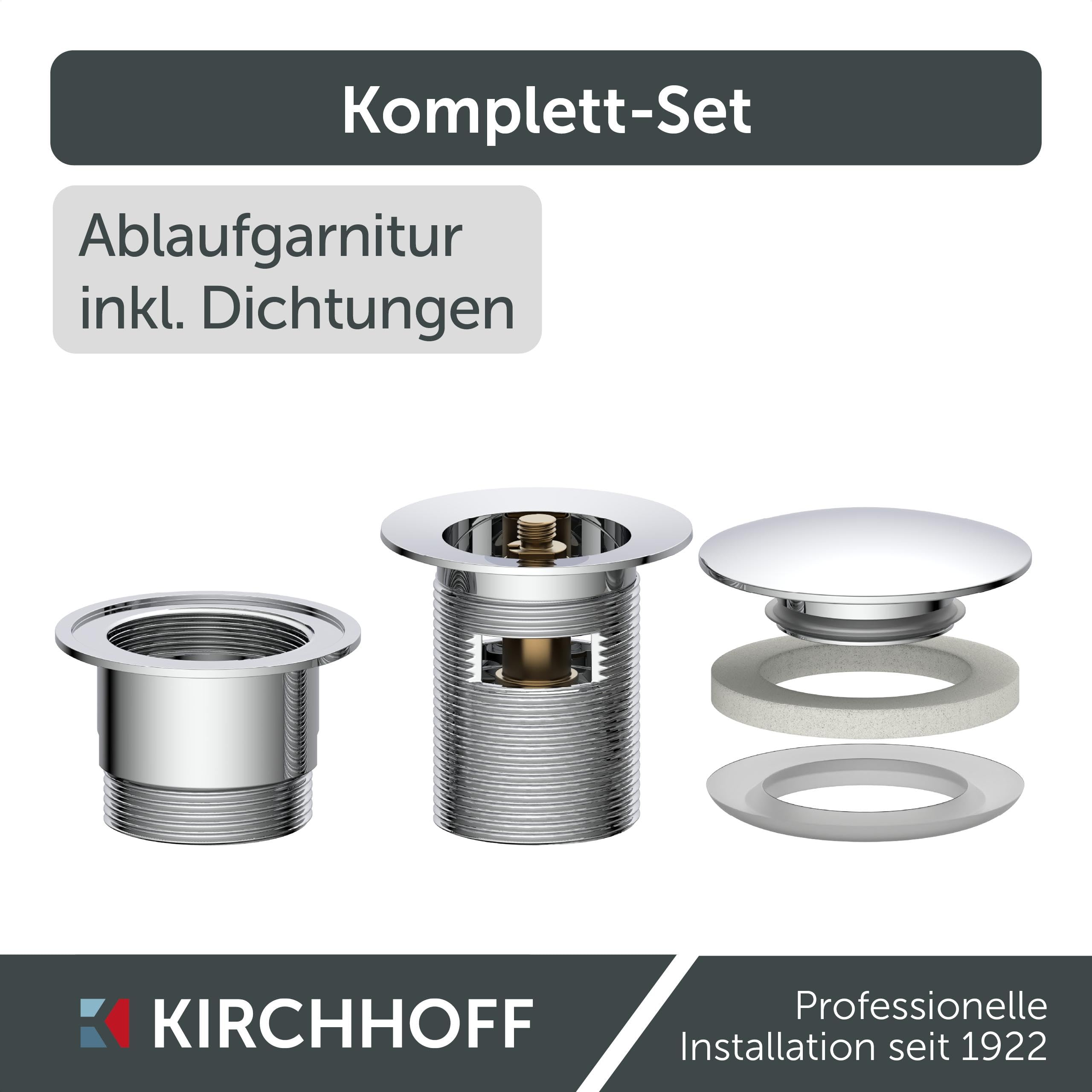 KIRCHHOFF Design Universal Waschbecken Ablaufgarnitur, Pop Up Waschbeckenstöpsel, Ablaufventil mit Überlauf, Abfluss Stöpsel für Badezimmer Waschbecken & Waschtisch, Chrom 98807330 | Pop Up Waschbeckenstöpsel, Ablaufventil mit Überlauf, Abfluss Stöpsel fü