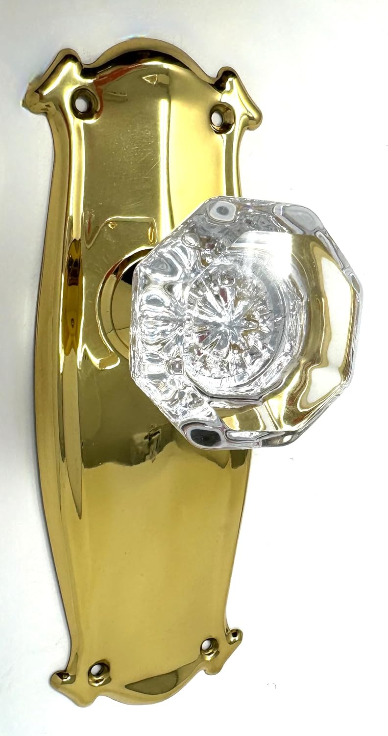 Crystal Door Knob with Tall London Backplate, Eight-Point Beveled Glass, Brass Finish, Dummy Spindle, Wood Mount, Gold, LON18-PB9sd
