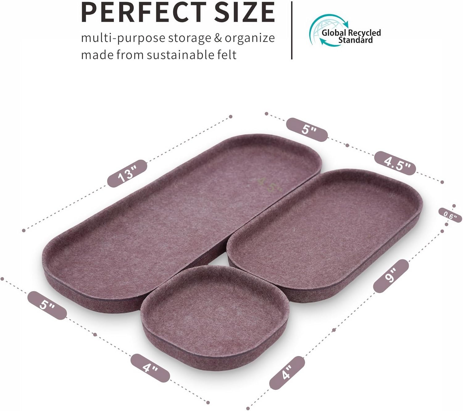 Welaxy EDC Cathall Felt Pill Shaped Tray Stylish nightstand Multi Tray Entryway Bedside Caddy for Keys Phone Wallet Watch Glasses Pens Minimalist Living 3-Piece (Wild Berry)