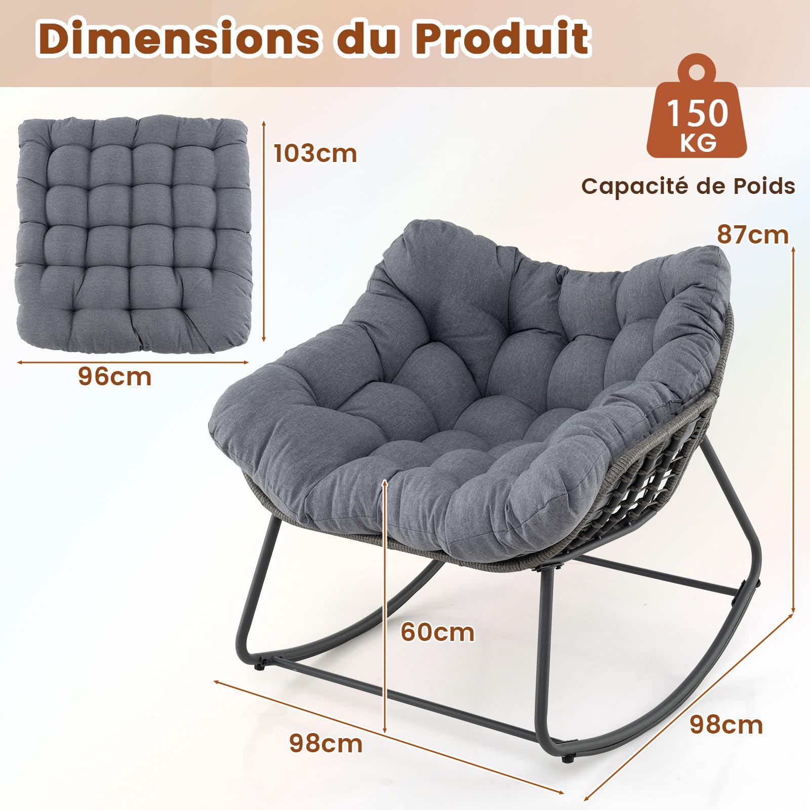COSTWAY Fauteuil a Bascule Exterieur Interieur, Rocking Chair en Rotin PE, Coussin Épais Amovible, Bande Antidérapante, Fauteuil Œuf pour Balcon Porche Salon, Charge 150 kg, 98 × 98 × 87 cm (Gris)