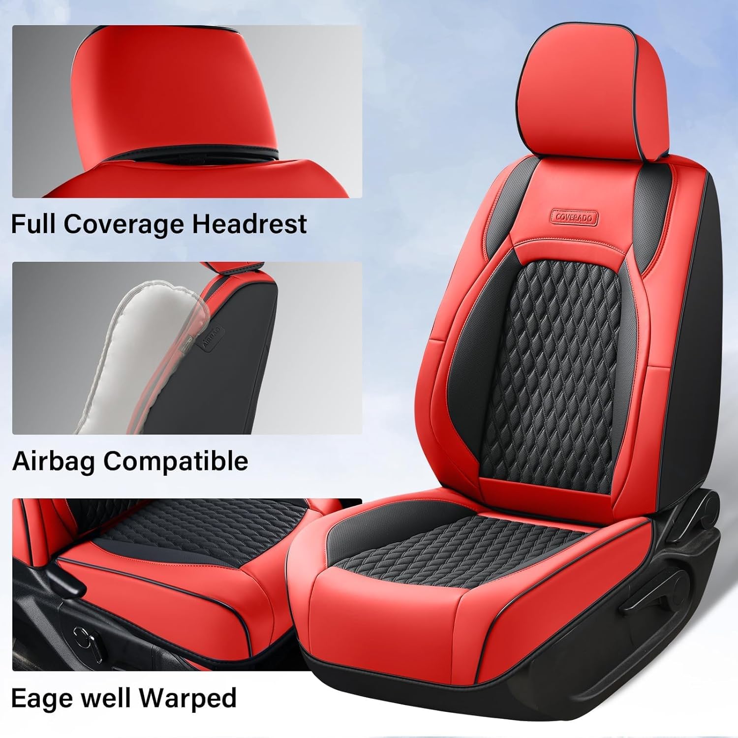 Coverado Chevy Chevrolet Silverado GMC Sierra Seat Covers, Custom Fit for 2007-2026 1500, 2015-2026 2500HD 3500HD Crew Double Extended Cab Truck, Faux Waterproof Leather Seat Covers (Front, Red)