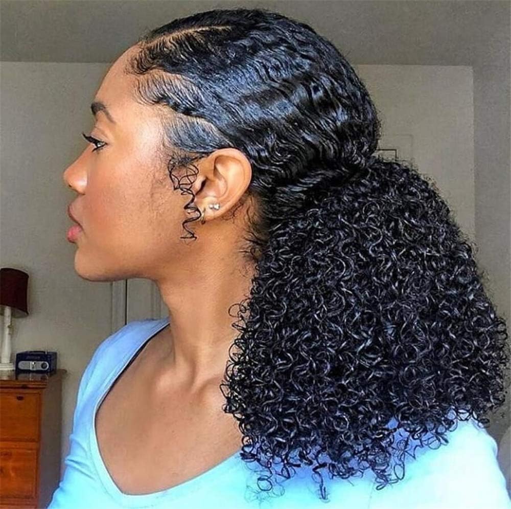 ALLRUN Human Hair Afro Ponytail (14inch) Kinky Curly Ponytail For Black Women Natural Color Drawstring Afro Ponytail Hair Extensions