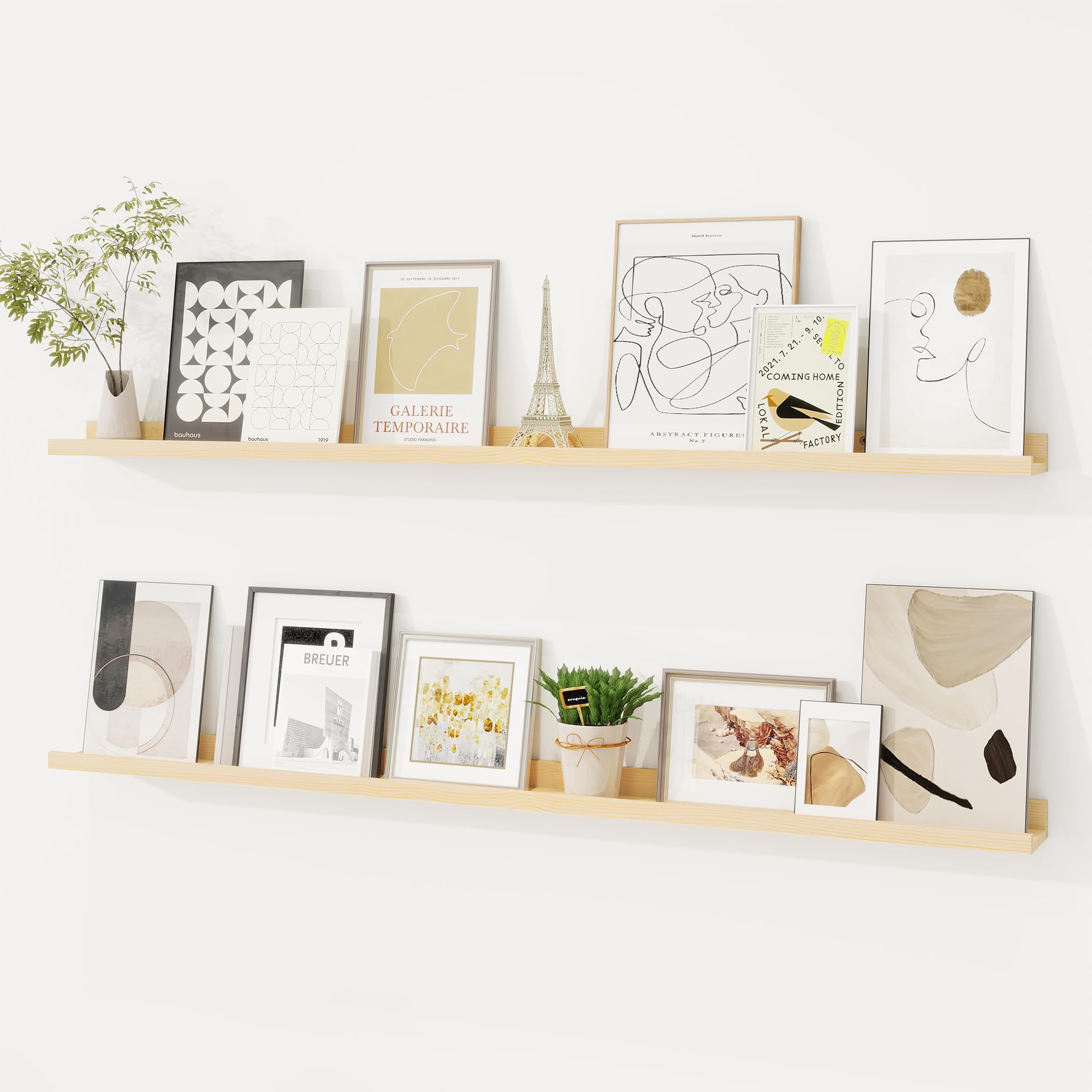 picture ledge shelf, solid pine wood floating shelves set of 2, 48 inches nursery book shelves for toys storage, kids bookshelf wall mounted for living room decor photo frames, unfinished natural