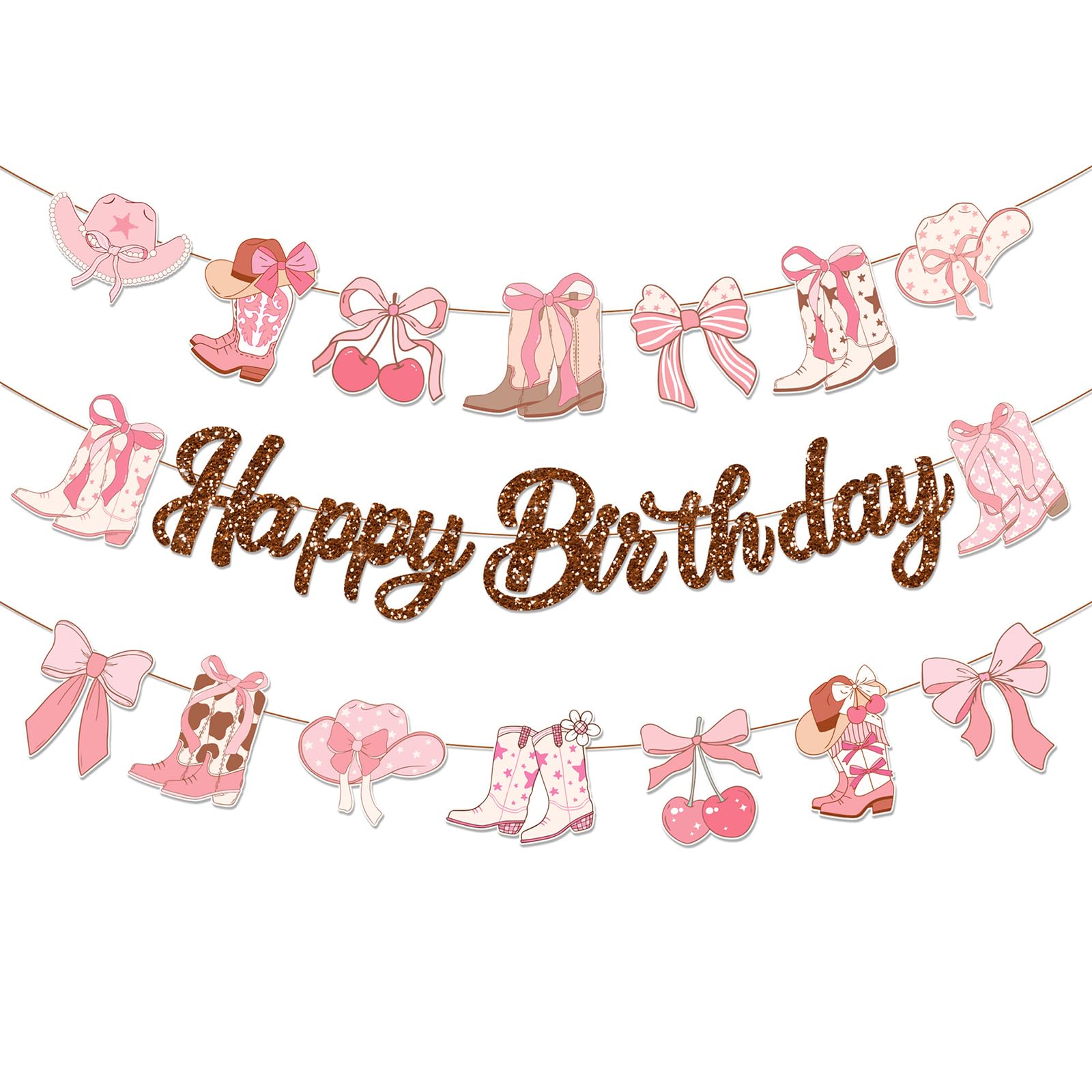 3Pcs Pink Cowgirl Happy Birthday Banner Set, Coquette Cowgirl Party Decorations with Glitter "Happy Birthday", Pink Cowboy Boots & Bows, Western Cowboy Party Decorations for Shower